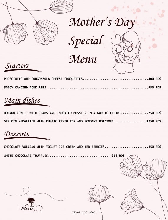 Special Menu at the Restaurant Maria. Mother's Day.